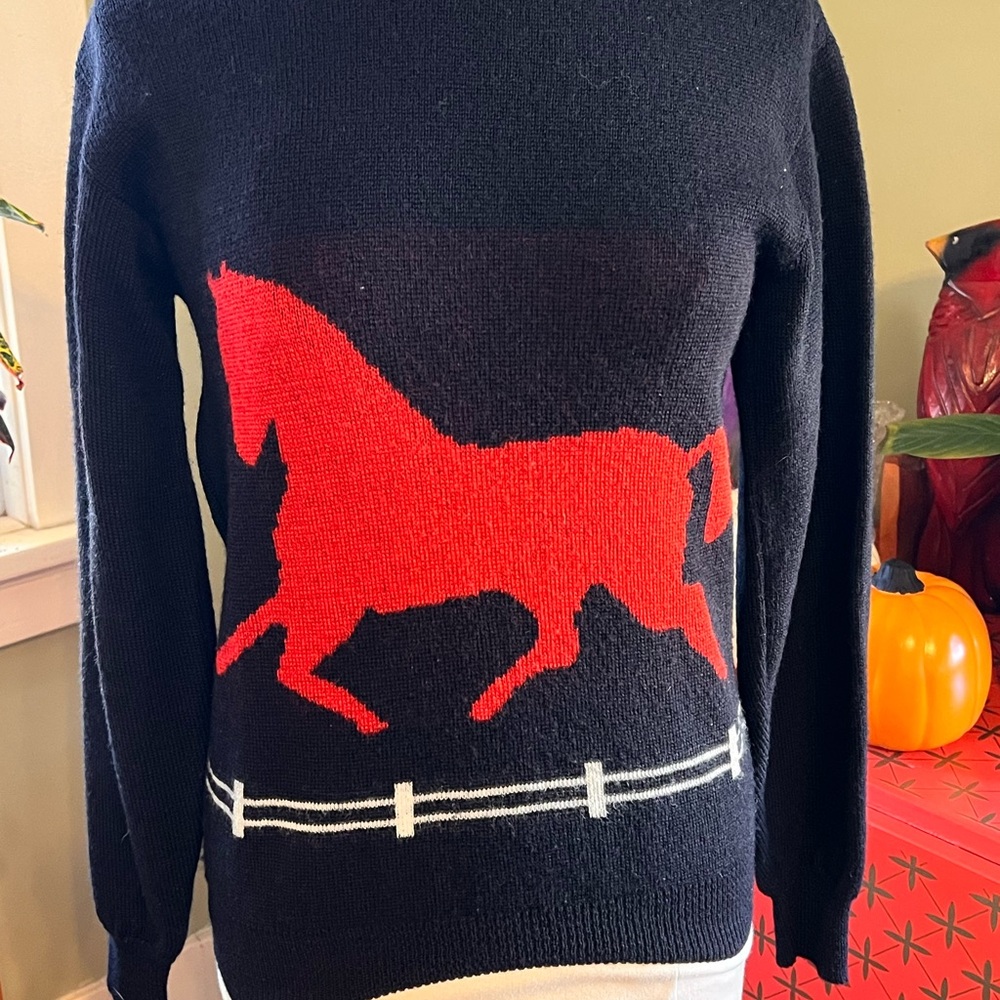 Lord & Taylor Black Sweater with Red Horse Design